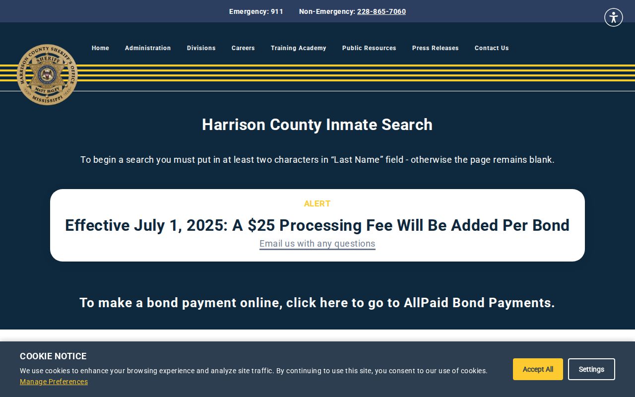 Harrison County current-custody search without a 24-hour release feed